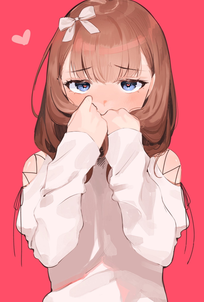 1girl blue_eyes blush bow breasts brown_hair clothing_cutout covered_mouth hair_bow hair_ribbon hands_up heart heart_in_eye highres holding_own_hair idolmaster idolmaster_cinderella_girls idolmaster_cinderella_girls_starlight_stage koyo_akio long_sleeves looking_at_viewer medium_breasts pink_background ribbon sakuma_mayu shirt short_hair shoulder_cutout simple_background solo symbol_in_eye upper_body white_ribbon white_shirt yandere