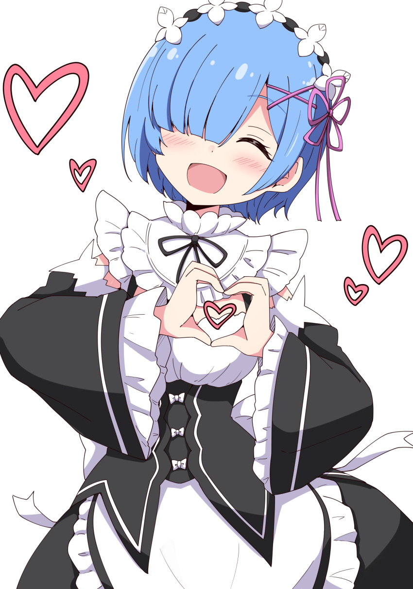 1girl :d ^_^ absurdres aikawa_ryou apron black_dress black_sleeves blue_hair blush breasts closed_eyes commentary_request detached_sleeves dress frilled_apron frilled_sleeves frills hair_ornament hair_over_one_eye hairclip hands_up head_tilt heart heart_hands highres juliet_sleeves long_sleeves maid medium_breasts puffy_sleeves re:zero_kara_hajimeru_isekai_seikatsu rem_(re:zero) short_hair simple_background smile solo waist_apron white_apron white_background wide_sleeves x_hair_ornament