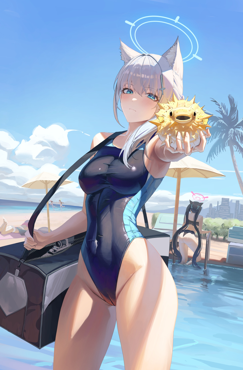 4girls absurdres animal_ear_fluff animal_ears ayane_(blue_archive) ayane_(swimsuit)_(blue_archive) bag beach bikini black_bikini black_hair black_one-piece_swimsuit blue_archive blue_hair blue_halo blue_one-piece_swimsuit blue_sky breasts closed_mouth cloud competition_swimsuit covered_navel cowboy_shot cross cross_hair_ornament day duffel_bag fish foreclosure_task_force_(blue_archive) greyscale groin hair_between_eyes hair_ornament hair_over_shoulder halo highleg highleg_swimsuit highres holding hoshino_(blue_archive) hoshino_(swimsuit)_(blue_archive) inverted_cross long_hair looking_at_viewer lying medium_breasts mismatched_pupils monochrome multiple_girls nonomi_(blue_archive) nonomi_(swimsuit)_(blue_archive) ocean official_alternate_costume on_stomach one-piece_swimsuit outdoors palm_tree pink_halo pool pool_ladder puffer_fish rasipan running serika_(blue_archive) serika_(swimsuit)_(blue_archive) shiroko_(blue_archive) shiroko_(swimsuit)_(blue_archive) sky solo_focus standing swimsuit tree twintails two-tone_swimsuit very_long_hair water wolf_ears