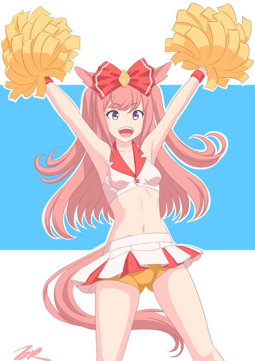 1girl agnes_digital_(umamusume) animal_ears arms_up ass_visible_through_thighs blue_background blue_eyes border bow breasts cheerleader cowboy_shot dot_nose hair_bow highres horse_ears horse_girl horse_tail letterboxed long_hair midriff open_mouth outline pink_hair pleated_skirt pom_pom_(cheerleading) red_wristband shirt short_shorts shorts shorts_under_skirt skirt sleeveless sleeveless_shirt small_breasts solo standing t2r tail tareme two-tone_background umamusume white_border white_outline white_skirt yellow_shorts