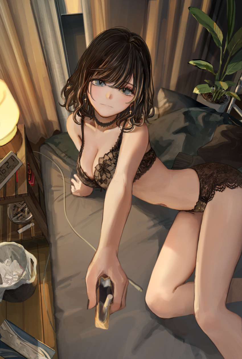 1girl absurdres bed black_bra black_choker black_hair black_panties blonde_hair blue_eyes bra breasts choker choppy_bangs cigarette cleavage clock cropped_legs cross cross_earrings curtains desk_lamp digital_clock earrings hashimoto_kokai highres jewelry lamp looking_at_viewer medium_hair multicolored_hair nightstand on_bed original panties plant potted_plant smoking streaked_hair tobacco trash_can underwear wavy_hair window