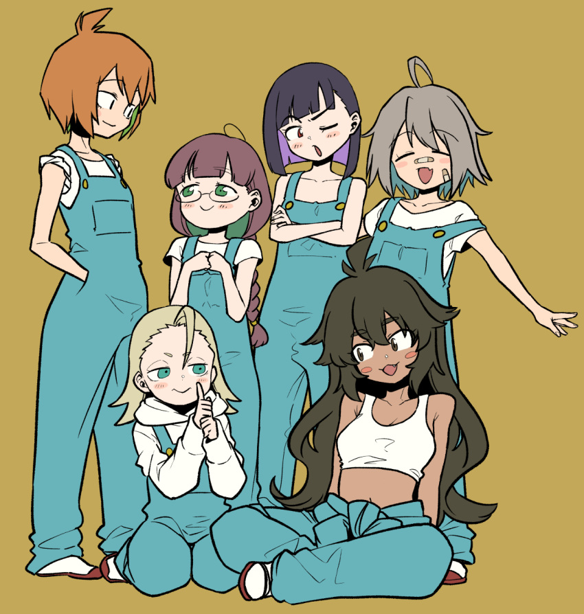 6+girls ahoge bandaid bandaid_on_face black_hair blonde_hair blush_stickers bob_cut brown_eyes brown_hair closed_eyes crossed_arms dark-skinned_female dark_skin do_it_yourself!! fang glasses green_eyes grey_hair highres hikage_takumi indian_style juliet_queen_elizabeth_viii kouki_kokoro long_hair looking_at_another medium_hair multiple_girls navel one_eye_closed ononaka_akihiro open_mouth orange_hair overalls red_eyes sandals seiza short_hair simple_background sitting smile socks standing suride_miku tank_top yasaku_rei yua_serufu