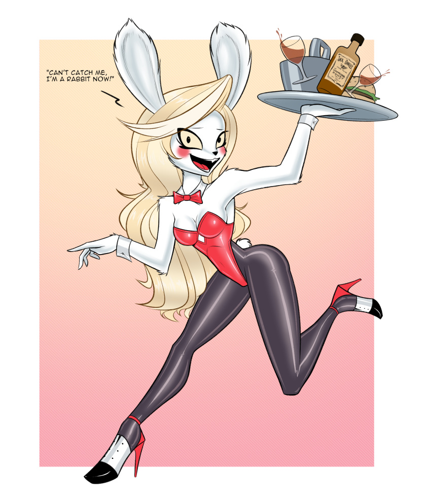 anthro blonde_hair bow_tie bunny_costume c91 charlie_morningstar clothing costume cuffs_(clothing) demon female footwear hair hazbin_hotel hi_res high_heels lagomorph legwear leporid long_hair mammal pantyhose rabbit red_clothing solo waiter white_body