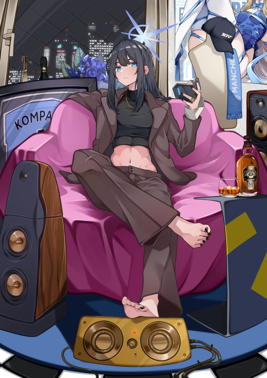 1girl absurdres alcohol alternate_costume blue_archive blue_eyes blue_halo brown_pants city city_lights cityscape colored_inner_hair couch halo hanahashi_bagara highres mask mouth_mask multicolored_hair pants saori_(blue_archive) skyline solo speaker toki_(blue_archive) toki_(bunny)_(blue_archive)