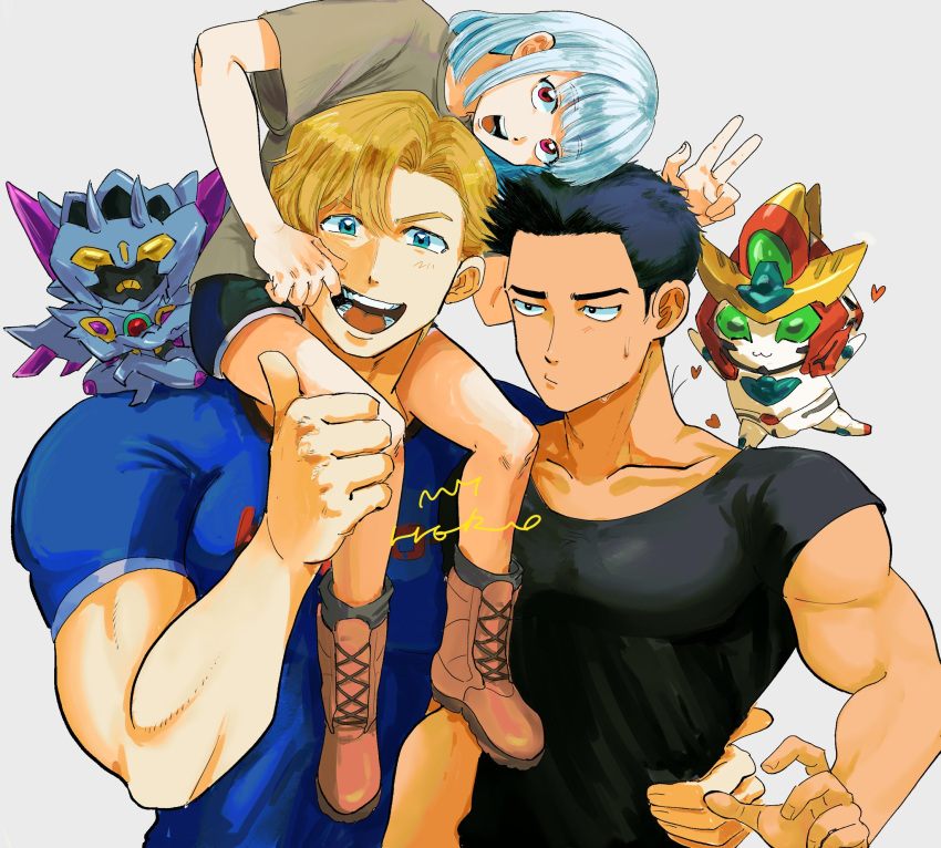 1girl 4boys ao_isami arm_around_waist black_hair blonde_hair bob_cut boots bravern chibi clenched_teeth colored_inner_hair crossed_arms heart highres lewis_smith lulu_(bang_bravern) mecha multicolored_hair multiple_boys muscular muscular_male open_mouth pink_eyes robot shirt simple_background smile super_robot superbia_(bravern) sweatdrop teeth tendonmannn99 thick_eyebrows v v-fin yuuki_bakuhatsu_bang_bravern