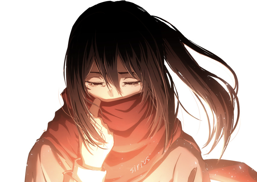 1girl absurdres artist_name black_hair closed_eyes covered_mouth facing_viewer hair_between_eyes highres light_particles long_sleeves medium_hair mikasa_ackerman red_scarf scarf shingeki_no_kyojin signature simple_background sirius_0905hz solo tears upper_body white_background