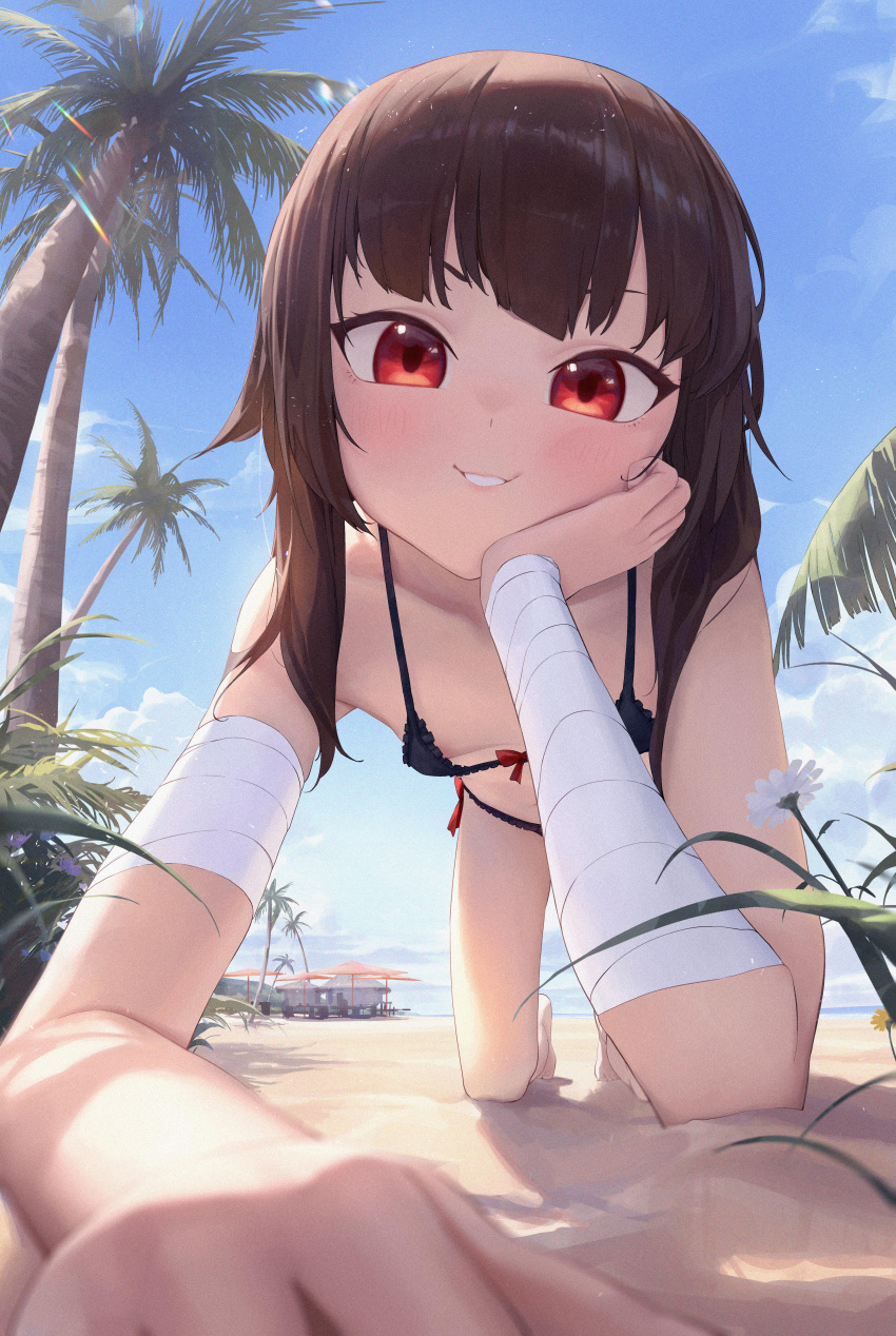 1girl absurdres all_fours bandaged_arm bandaged_wrist bandages beach bikini bingwei_huang black_bikini black_hair breasts clenched_teeth day downblouse elbow_rest frilled_bikini frills front-tie_bikini_top front-tie_top highres horizon kono_subarashii_sekai_ni_shukufuku_wo! long_hair looking_at_viewer megumin micro_bikini nipple_slip nipples ocean outdoors palm_tree reaching reaching_towards_viewer red_eyes sand side-tie_bikini_bottom sky small_breasts smile solo swimsuit teeth tree