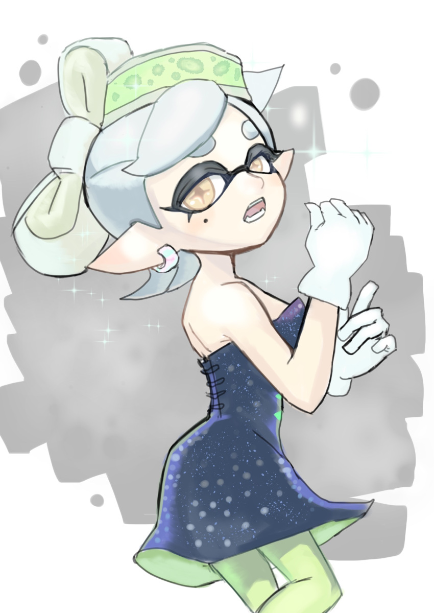 1girl bare_arms bare_shoulders black_dress bow-shaped_hair breasts dress earrings flipped_hair food food_on_head gloves green_pantyhose grey_hair half_updo highres hoop_earrings inkling jewelry marie_(splatoon) mole mole_under_eye object_on_head pantyhose pointy_ears short_dress solo splatoon_(series) strapless strapless_dress sushi swept_bangs tentacle_hair thick_eyebrows tombiham white_gloves yellow_eyes