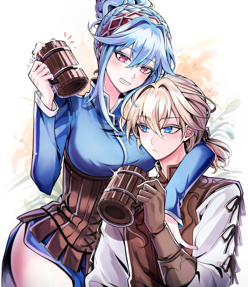 1boy 1girl bbing beer_mug bishounen blonde_hair blue_dress blue_eyes blue_hair blush braid braided_bun breasts brown_gloves brown_hairband commentary_request cup dress drunk eyelashes gilbert_(unicorn_overlord) gloves grin hair_between_eyes hair_bun hair_intakes hairband highres holding holding_cup light_blue_hair long_hair long_sleeves looking_at_another looking_at_viewer low_ponytail mug pink_eyes simple_background sitting smile sparkle standing teeth unicorn_overlord upper_body virginia_(unicorn_overlord)