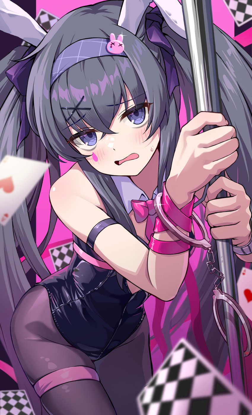 1girl animal_ears black_hair black_leotard black_pantyhose blue_archive blush card chain cowboy_shot cuffs detached_collar fake_animal_ears hair_between_eyes hair_ornament highres leotard long_hair looking_at_viewer open_mouth pantyhose purple_eyes rabbit_ears rabbit_hole_(vocaloid) shackles solo ui_(blue_archive) x_hair_ornament yeogpu_(seung832222)