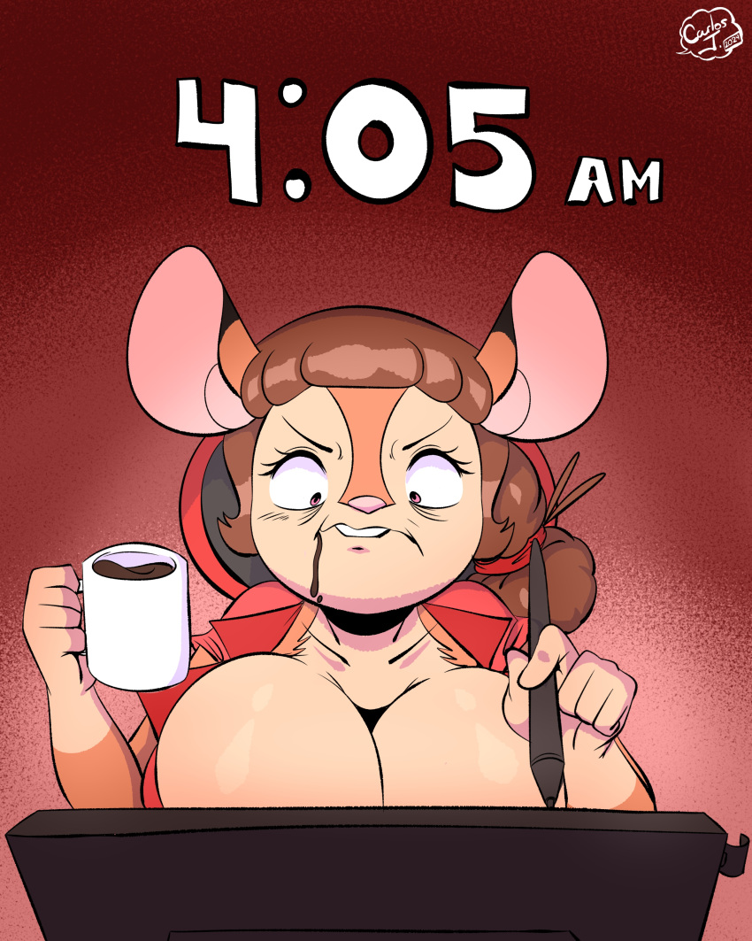 2024 absurd_res annoyed anthro artist beverage big_breasts breasts carlos_jurado_cartoons charlie_(cjr_cartoons) cleavage clothed clothing coffee coffee_mug drawing_pen drawing_tablet ears_up female focused focusing hi_res mammal mouse murid murine rodent solo time tongue tongue_out