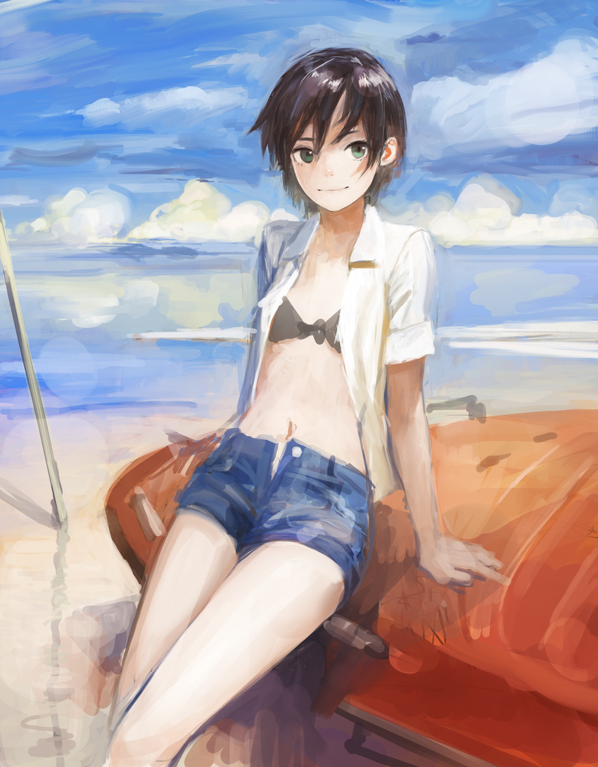 arata_yokoyama arm_support beach bikini_top black_bikini_top black_hair breasts cloud collared_shirt day denim denim_shorts green_eyes highres leaning_back looking_at_viewer navel open_clothes open_shirt original outdoors shirt short_hair shorts sitting small_breasts smile solo swimsuit swimsuit_under_clothes white_shirt