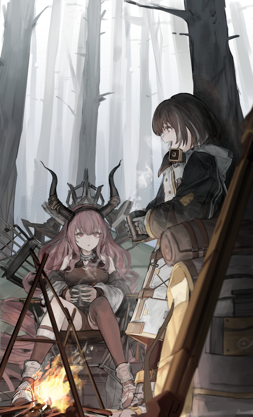 2girls absurdres arknights arrow_(projectile) backpack bag bare_tree black_dress boots bow_(weapon) brown_hair brown_socks brown_thighhighs campfire coat collar commentary cup dress fire from_side full_body grey_sky highres holding holding_cup horns jacket long_hair long_sleeves magallan_(arknights) multicolored_hair multiple_girls muted_color nueegochi off_shoulder open_mouth outdoors parted_lips purple_eyes purple_hair quiver short_hair single_thighhigh sky sleeping_bag smile socks spread_legs steam streaked_hair thighhighs tree typhon_(arknights) weapon white_coat white_footwear white_hair white_jacket