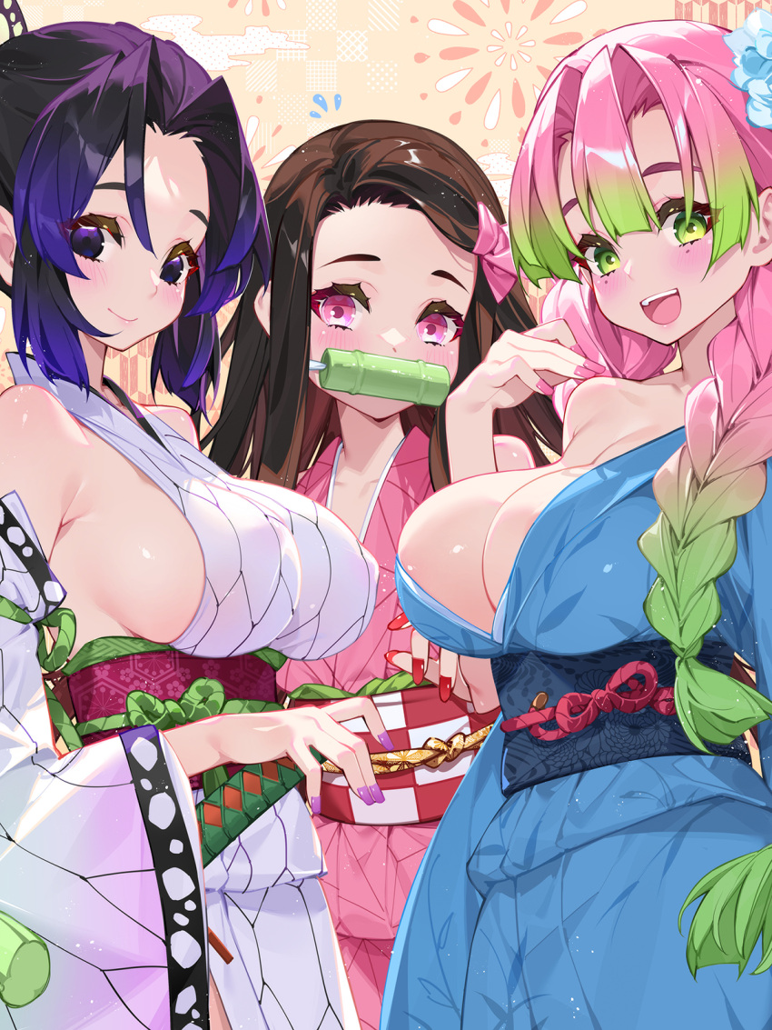 3girls :d adapted_costume bare_shoulders bit_gag black_hair blue_flower blue_hair blue_kimono breasts brown_hair cleavage closed_mouth commentary_request detached_sleeves english_commentary fingernails flower gag gradient_hair green_hair hair_flower hair_ornament highres japanese_clothes kamado_nezuko kanroji_mitsuri kimetsu_no_yaiba kimono kochou_shinobu large_breasts long_hair looking_at_viewer mixed-language_commentary multicolored_hair multiple_girls nail_polish obi open_mouth pink_eyes pink_hair pink_kimono purple_nails red_nails sash sideless_outfit smile teeth upper_teeth_only waterring white_kimono white_sleeves