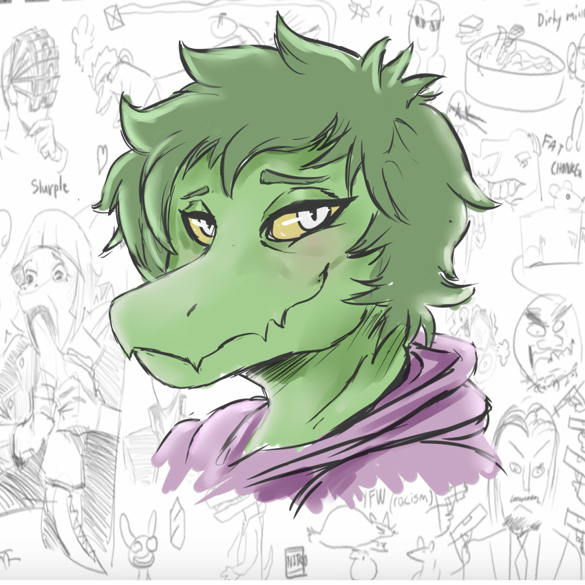 1:1 2024 absurd_res anthro baryonyx cavemanon_studios clothing detailed_background digital_drawing_(artwork) digital_media_(artwork) dinosaur eyelashes female green_body green_hair green_scales grey_eyes hair hi_res hoodie i_wani_hug_that_gator looking_at_viewer neltharion290 olivia_halford reptile scales scalie short_hair smile snout solo spinosaurid theropod topwear yellow_sclera