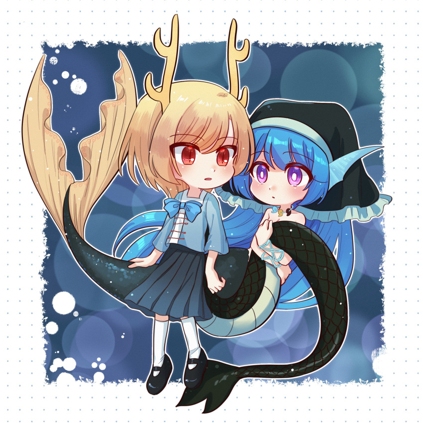 2girls absurdres antlers black_footwear blonde_hair blue_bow blue_shirt blue_skirt bow bright_pupils chibi chinese_commentary commentary_request dragon_tail frilled_headwear head_scarf highres holding_another's_tail horns jewelry kicchou_yachie long_hair magatama magatama_necklace mary_janes mask_(boring_mask) medium_skirt mermaid monster_girl multiple_girls necklace open_mouth outline parted_lips pleated_skirt purple_hair red_eyes shirt shoes short_hair skirt sleeves_past_elbows slit_pupils socks swept_bangs tail touhou white_outline white_pupils white_socks
