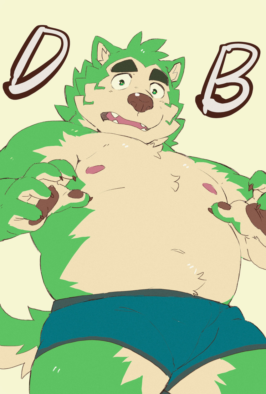 absurd_res anthro belly briefs canid canine canis clothed clothing domestic_dog eyebrows fur green_body green_fur heylaw21 hi_res lifewonders live_a_hero male mammal mokdai navel nipples overweight pawpads solo surprised_expression thick_eyebrows topless underwear
