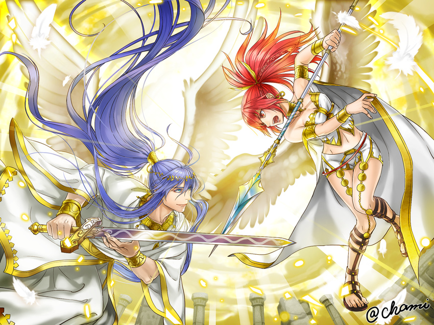 1girl armlet artist_name backlighting bangs bare_shoulders blue_eyes blue_hair bracelet braid breasts cleavage column commentary_request cul earrings eyebrows eyebrows_visible_through_hair feathered_wings feathers hair_between_eyes head_wreath holding holding_sword holding_weapon jewelry kamui_gakupo light light_rays long_hair looking_at_another medium_breasts midriff navel nose open_mouth pillar polearm ponytail red_eyes red_hair sandals shamisonisu signature sleeveless spear stomach strapless sword toes tubetop very_long_hair vocaloid weapon wings yellow_background