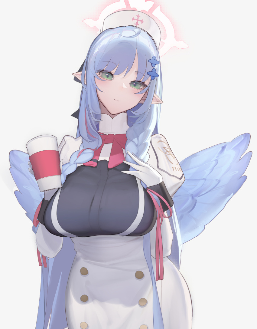 1girl absurdres blue_archive blue_hair blue_wings blush bow bowtie braid breasts buttons closed_mouth cross_print cup dress emblem feathered_wings gloves green_eyes hair_ornament halo hat highres holding holding_cup impossible_clothes large_breasts long_hair long_sleeves looking_at_viewer mine_(blue_archive) nurse_cap pink_bow pink_bowtie pink_halo pointy_ears puffy_sleeves simple_background sin9 solo twin_braids white_background white_dress white_gloves wings