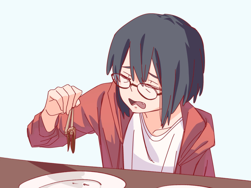 1girl black_hair blue_background chopsticks closed_eyes commentary_request egakuning english_commentary fang food glasses highres holding holding_chopsticks hood hoodie kamikoshi_sorawo long_sleeves meat mixed-language_commentary open_clothes open_hoodie open_mouth plate red_hoodie shirt short_hair simple_background solo upper_body urasekai_picnic white_shirt