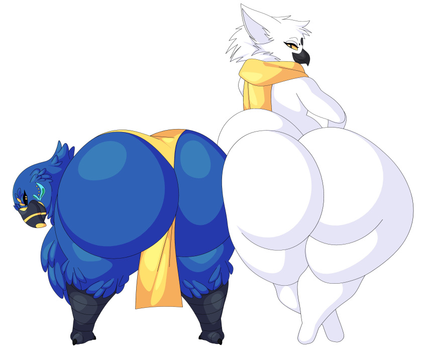 2024 absurd_res anthro avian big_butt biped bird butt cytrusawa digital_media_(artwork) duo hi_res huge_butt huge_hips huge_thighs looking_at_viewer looking_back looking_back_at_viewer male nude rear_view scarf simple_background smile thick_thighs wide_hips