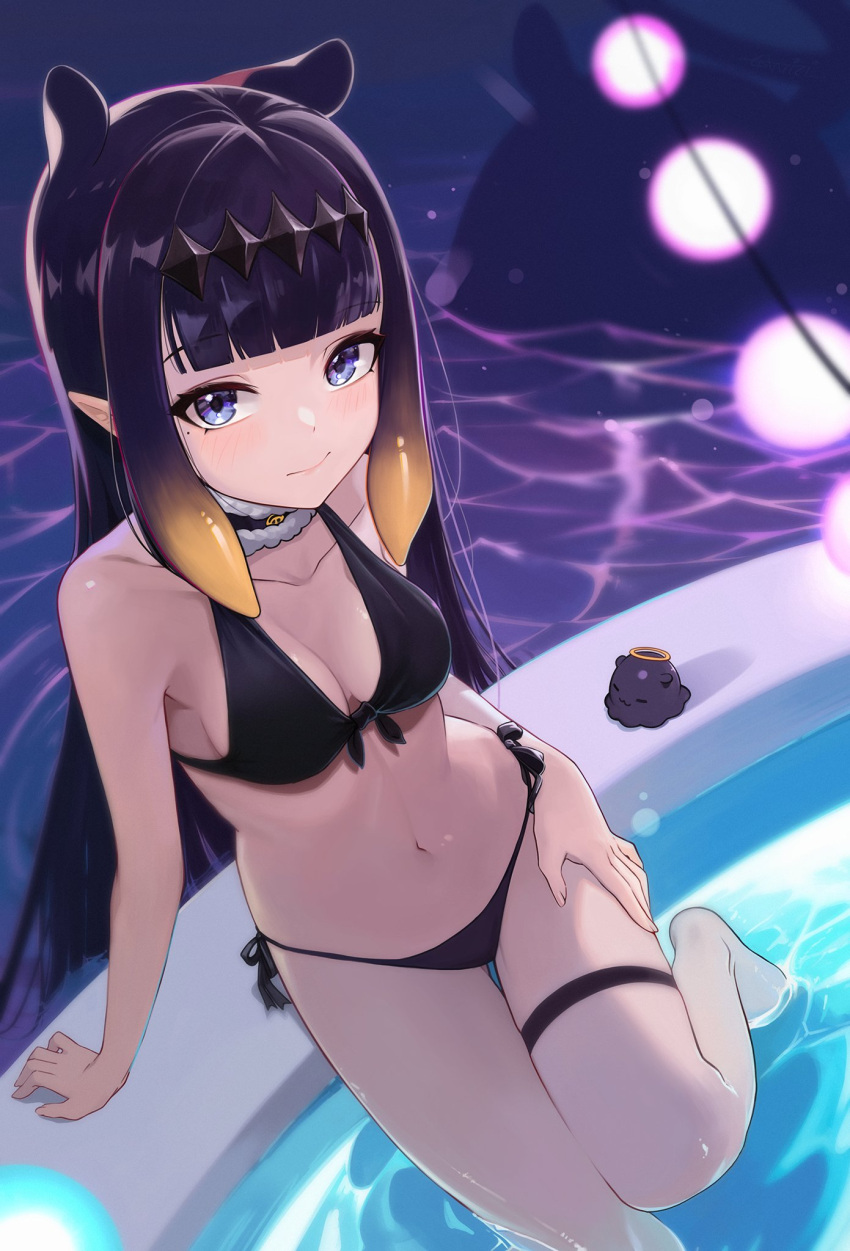 1girl :3 alternate_costume anizi arm_support bikini black_bikini blue_eyes blunt_bangs blush breasts choker closed_mouth collarbone commentary diamond_hairband front-tie_bikini_top front-tie_top fur-trimmed_choker fur_trim gradient_hair halo halterneck hand_on_own_thigh highres hololive hololive_english long_hair looking_at_viewer medium_breasts mole mole_under_eye multicolored_hair navel ninomae_ina'nis orange_hair pointy_ears pool purple_hair side-tie_bikini_bottom sidelocks sitting soaking_feet solo swimsuit symbol-only_commentary takodachi_(ninomae_ina'nis) tentacle_hair tentacles thigh_strap very_long_hair virtual_youtuber