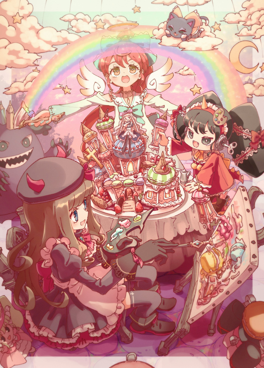 6+girls :d absurdres apron art_brush beret black_dress black_footwear black_gloves black_hair blue_bow blue_eyes blunt_bangs boots bow brown_hair canvas_(object) carrying castle cat cloud crescent_moon demon_horns drawing_(action) dress easel food frilled_dress frills full_body gaaruru_(pripara) gajira_(pripara) gingerbread_house gloves grey_hair hair_bow hairband halo hat headphones highres holding holding_paintbrush holding_palette horns idol_time_pripara juliet_sleeves koda_michiru kurosu_aroma long_hair long_sleeves looking_ahead looking_up macaron miichiru_(pripara) mini_falulu mini_person minigirl moon multiple_girls neko_(pripara) open_mouth outstretched_arms paintbrush painting_(action) palette_(object) pencil ponytail pretty_series pripara puffy_sleeves rainbow red_hair red_hairband ruru_ashihara shiratama_mikan sidelocks sitting smile spread_arms star_(symbol) third-party_source twintails very_long_hair wavy_hair white_apron white_wings winding_key wings yellow_eyes