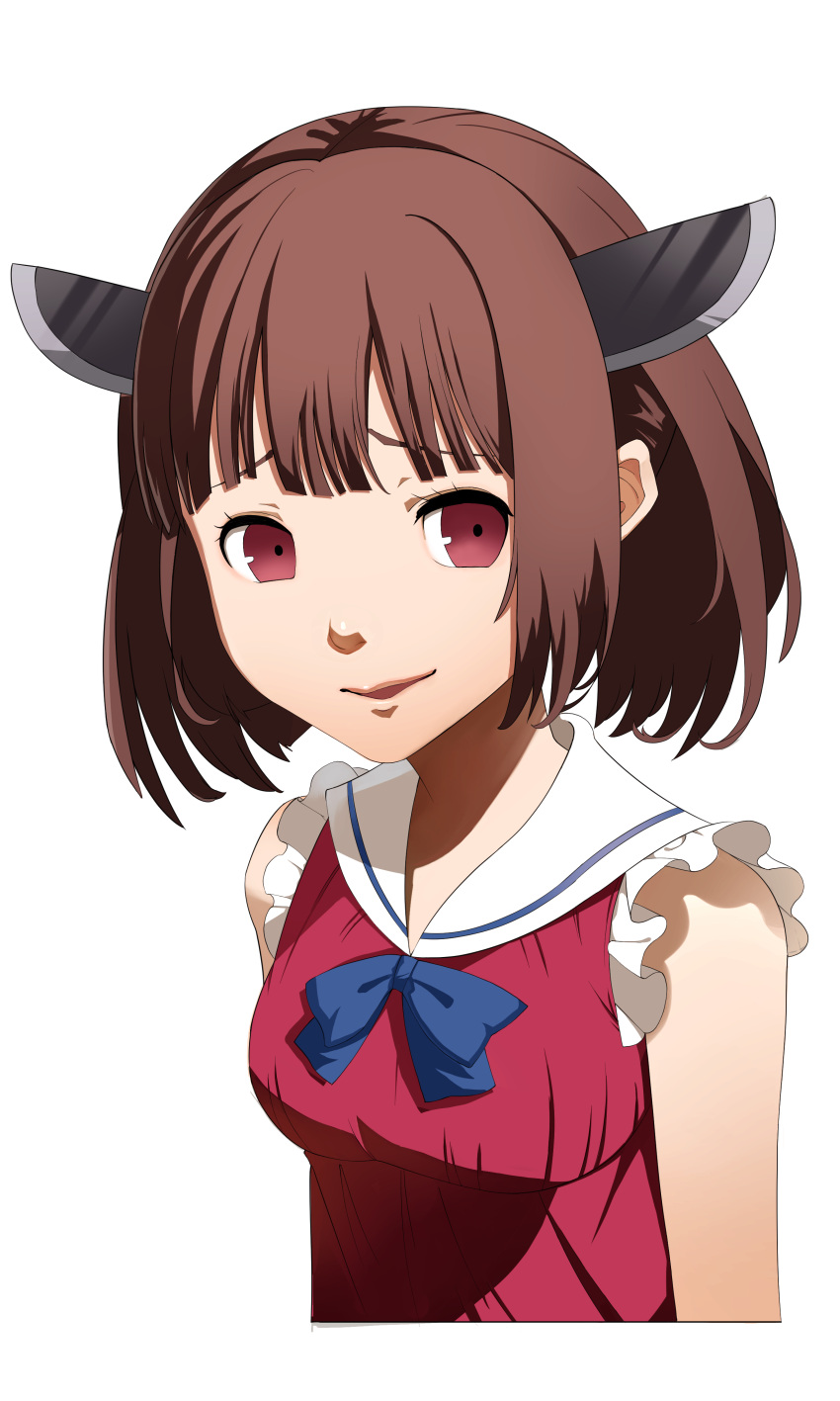 1girl absurdres breasts brown_hair cropped_torso dress empire_waist forced_smile furrowed_brow headgear highres hiragi_sage looking_at_viewer medium_breasts medium_hair parody parted_lips persona raised_eyebrows red_dress red_eyes sailor_collar sailor_dress sidelocks simple_background sleeveless sleeveless_dress smile soejima_shigenori_(style) solo style_parody touhoku_kiritan underbust upper_body voiceroid white_background white_sailor_collar