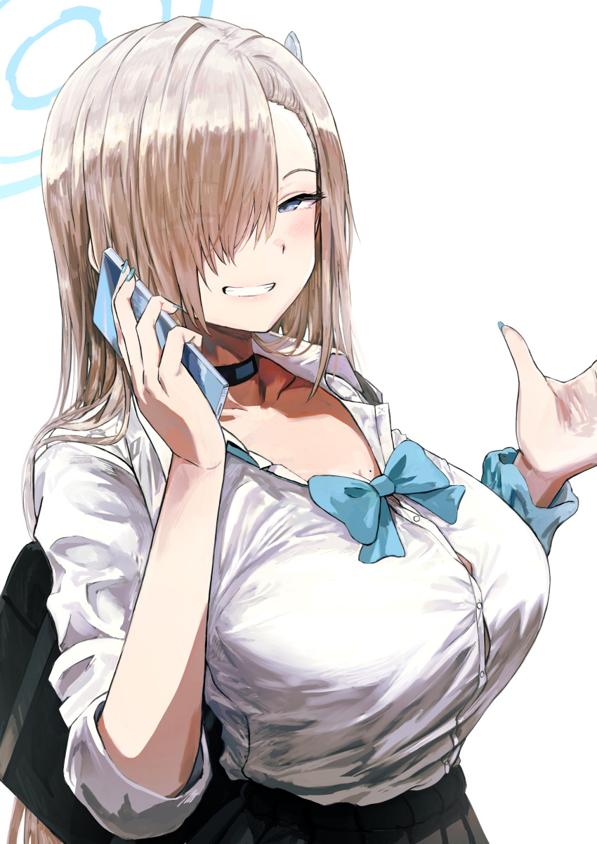 1girl absurdres asuna_(blue_archive) black_choker black_skirt blue_archive blue_bow blue_bowtie blue_eyes blue_halo blue_nails blue_ribbon blush bow bowtie breasts cellphone choker cleavage collared_shirt fingernails grin hair_over_one_eye hair_ribbon halo highres holding holding_phone large_breasts light_brown_hair long_hair looking_at_viewer misaki_nonaka mole mole_on_breast nail_polish phone pleated_skirt ribbon shirt simple_background skirt smartphone smile solo white_background white_shirt