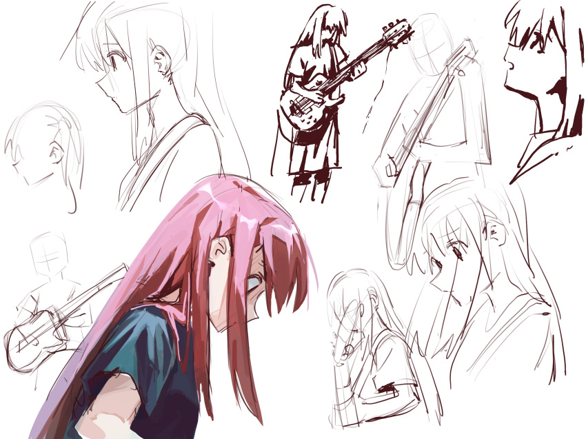 2girls black_shirt bocchi_the_rock! closed_mouth commentary egakuning electric_guitar english_commentary gotoh_hitori guitar highres instrument kita_ikuyo long_hair multiple_girls multiple_views one_side_up open_mouth parted_lips partially_colored playing_guitar shirt short_sleeves sketch unfinished