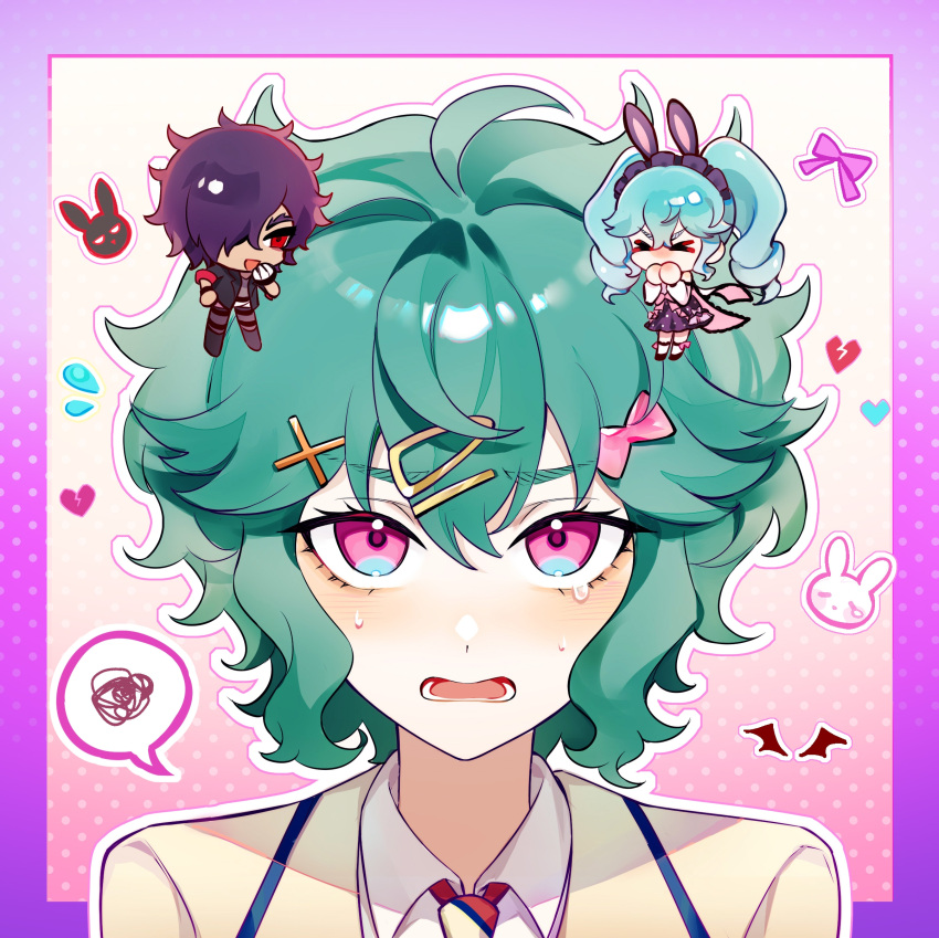 &gt;_&lt; 1boy 2girls absurdres animal_ear_hairband animal_ears black_jacket blue_hair blush border bow broken_heart chibi chinese_commentary collared_shirt commentary_request fake_animal_ears flying_sweatdrops furrowed_brow green_hair hair_bow hair_ornament hair_over_one_eye hairband hairclip hairpin hand_up heart highres idol_land_pripara jacket katasumi_amari long_hair looking_at_viewer mario_(pripara) messy_hair mini_person miniboy minigirl multiple_girls necktie open_mouth outline pink_bow pink_eyes pretty_series pripara purple_border rabbit_ear_hairband rabbit_ears red_eyes school_uniform shirt short_hair spoken_squiggle squiggle standing twintails upper_body upturned_eyes wavy_mouth white_outline white_shirt x_hair_ornament zhou_(suzusuz57561619)