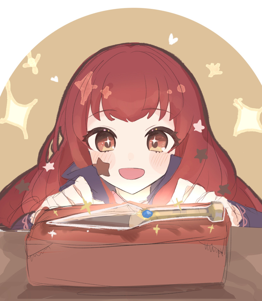 1girl :d absurdres box cape dagger facial_mark fire_emblem gift gift_box hair_ornament highres in_container knife long_hair netugen33 red_eyes red_hair smile solo sparkle sparkling_eyes star_(symbol) star_facial_mark star_hair_ornament weapon yunaka_(fire_emblem)
