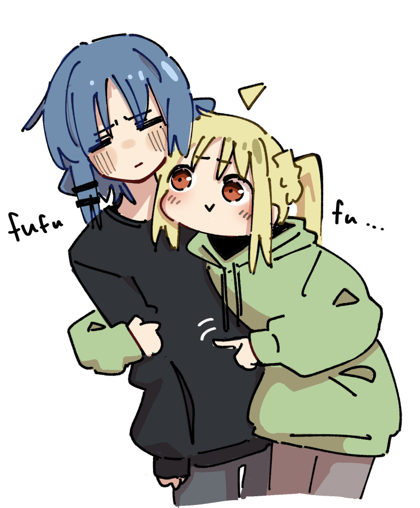 2girls absurdres ahoge alternate_costume arm_hug black_sweater blonde_hair blue_hair bocchi_the_rock! closed_eyes detached_ahoge green_hoodie grey_pants hair_ornament highres hood hood_down hoodie ijichi_nijika long_hair long_sleeves machuuu68 medium_hair mole mole_under_eye multiple_girls pants ponytail red_eyes side_ponytail simple_background single_arm_hug sweater teasing white_background yamada_ryo