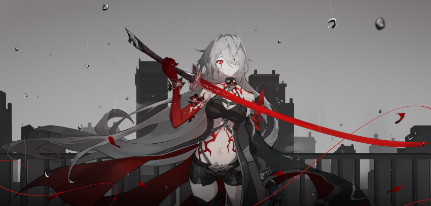 1girl absurdres acheron_(honkai:_star_rail) bare_shoulders coat commentary cowboy_shot detached_sleeves highres holding holding_sword holding_weapon honkai:_star_rail honkai_(series) katana limited_palette long_hair long_sleeves midriff navel qixia red_eyes short_shorts shorts single_sleeve solo spot_color standing stomach sword very_long_hair weapon