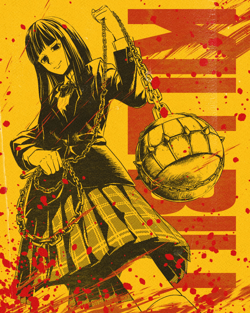 1girl ball_and_chain_(weapon) blood blood_splatter blunt_bangs bow closed_mouth collared_shirt copyright_name highres jacket keeeey kill_bill long_hair monochrome plaid plaid_skirt pleated_skirt school_uniform shirt skirt smile socks solo yuubari_gogo