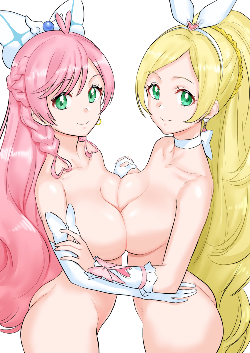 2girls blonde_hair bow braid breast_press breasts closed_mouth commentary_request cure_prism cure_rhythm elbow_gloves gloves green_eyes hair_bow highres hirogaru_sky!_precure holding_hands interlocked_fingers kuppipi_ramutarou large_breasts long_hair looking_at_viewer minamino_kanade multiple_girls nijigaoka_mashiro nude pink_hair precure simple_background smile symmetrical_docking very_long_hair white_background white_bow white_gloves