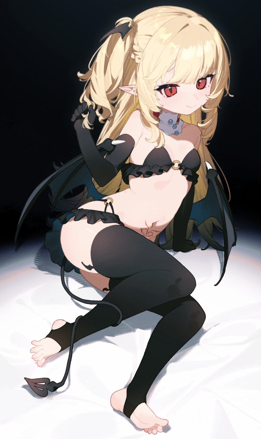 1girl absurdres black_wings blonde_hair borrowed_character breasts closed_mouth commentary_request demon_girl demon_tail demon_wings elbow_gloves flat_chest full_body gloves highres kiss_kiss_drain looking_at_viewer mosou_keito navel one_side_up pubic_tattoo red_eyes sitting small_breasts smile solo stirrup_legwear stomach tail tattoo thighs tiffany_lilith_stella toeless_legwear wings yokozuwari