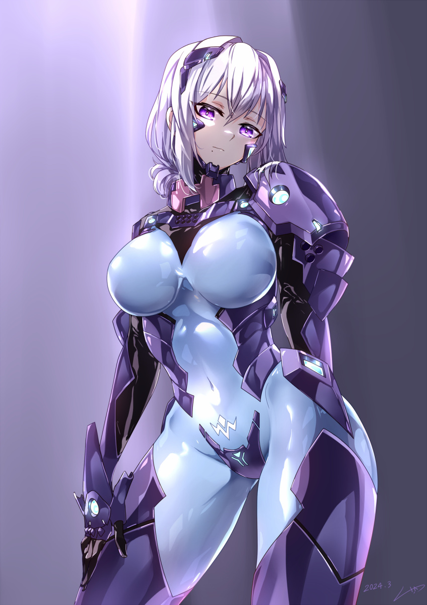 1girl armored_bodysuit blue_bodysuit bodysuit breasts character_request commission covered_navel fortified_suit hand_on_own_thigh hayabusa_aoi highres large_breasts looking_at_viewer mole mole_under_mouth muv-luv muv-luv_alternative purple_bodysuit purple_eyes purple_hair shiny_clothes skeb_commission skin_tight two-tone_bodysuit