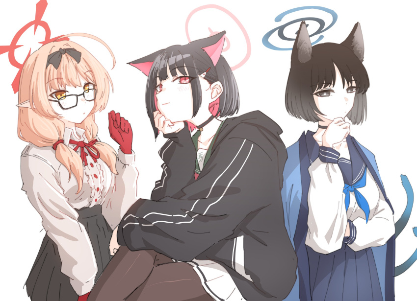 3girls ahoge animal_ears black_choker black_eyes black_hair black_hoodie black_pantyhose black_skirt blue_archive blue_neckerchief blue_sailor_collar blue_skirt bright_pupils brown_hair cat_ears cat_tail center_frills chinatsu_(blue_archive) choker collarbone crossed_legs dark_skin extra_ears frills glasses gloves green_sailor_collar hairband halo hand_on_own_chin hand_up haori hariyaa highres hood hoodie jacket japanese_clothes kazusa_(blue_archive) kikyou_(blue_archive) long_hair long_sleeves looking_at_viewer low_twintails multicolored_hair multiple_girls multiple_tails neckerchief pantyhose pink_hair pleated_skirt pointy_ears red_gloves red_neckerchief red_ribbon ribbon sailor_collar shirt_tucked_in short-sleeved_jacket short_sleeves sitting skirt smile tail twintails two-tone_hair two_tails white_background white_skirt