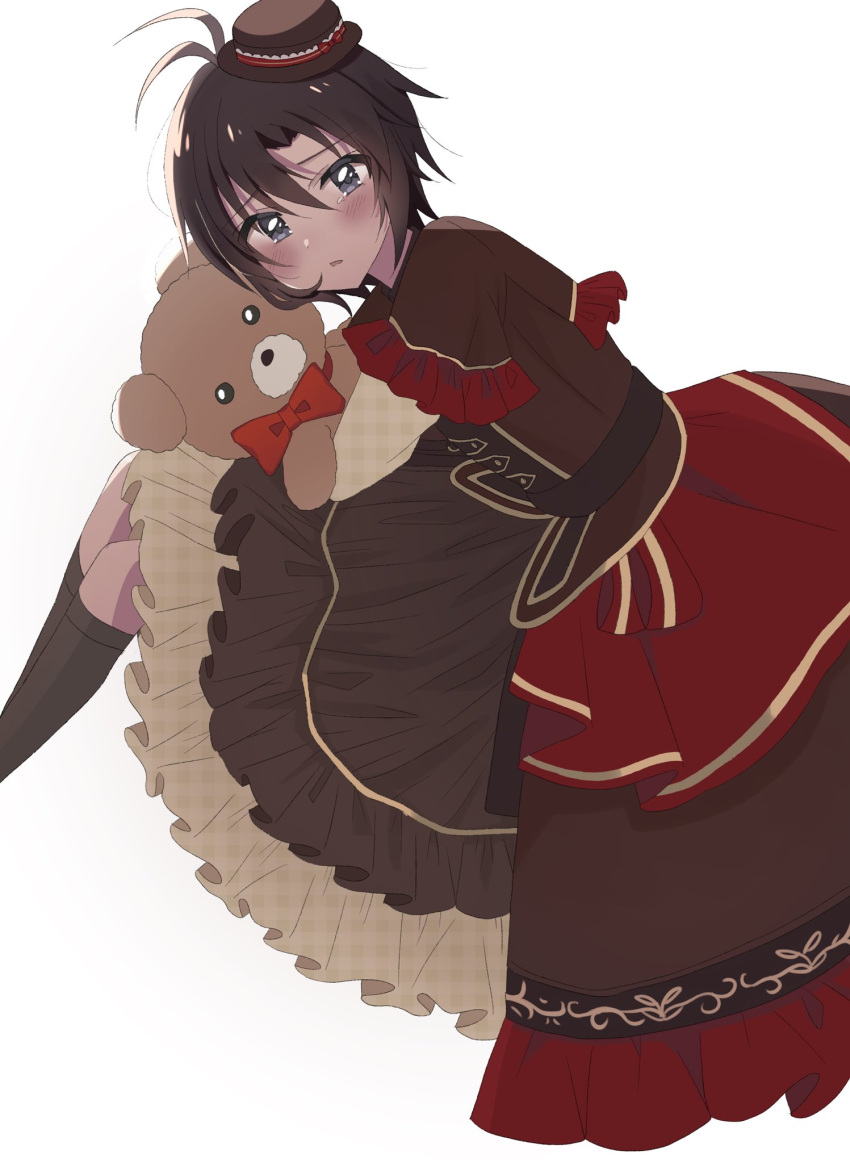 1girl antenna_hair black_hair black_hat black_socks blush bow bowtie brown_dress brown_eyes commentary dress frilled_dress frills from_side hat highres holding holding_stuffed_toy idolmaster idolmaster_(classic) idolmaster_million_live! idolmaster_million_live!_theater_days kikuchi_makoto kneehighs knees_up long_sleeves looking_at_viewer looking_to_the_side mini_hat multicolored_clothes multicolored_dress on_ground parted_lips raised_eyebrows red_bow red_bowtie red_dress simple_background sitting socks solo stuffed_animal stuffed_toy suyuri_oekaki symbol-only_commentary teddy_bear tilted_hat white_background white_dress