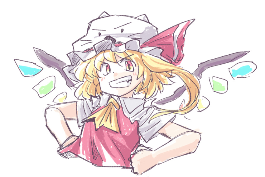 1girl animal_ear_headwear aokukou ascot blonde_hair collared_shirt commentary_request fang flandre_scarlet grin hands_on_own_hips hat hat_ribbon mob_cap red_ribbon red_vest ribbon shirt simple_background sketch skirt smile solo touhou upper_body v-shaped_eyebrows vest white_background white_hat white_shirt wings yellow_ascot yellow_eyes