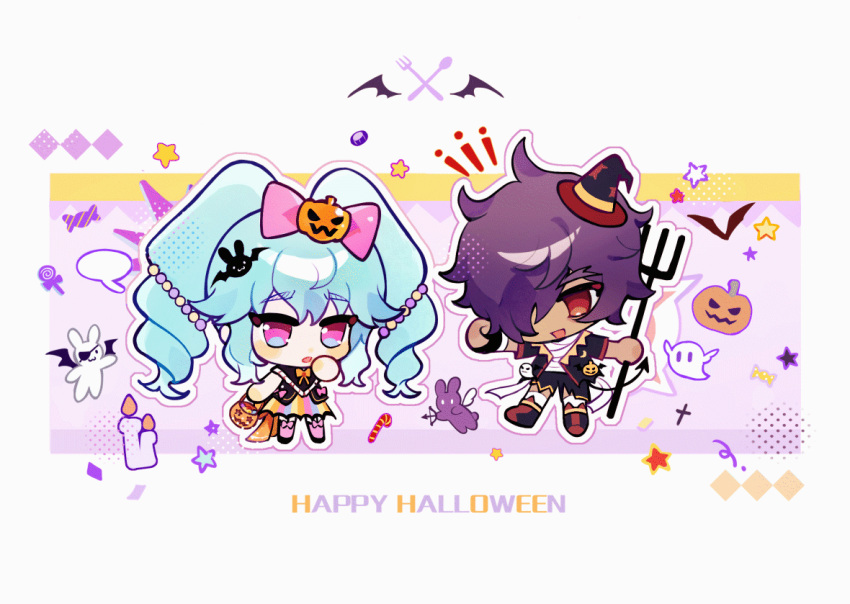 ... 1boy 1girl animated animated_gif black_footwear black_jacket blinking blue_hair bow candy chibi cross dark-skinned_male dark_skin drill_hair food fork full_body ghost hair_bow hair_over_one_eye halloween halloween_costume happy_halloween hat holding_trident idol_land_pripara jack-o'-lantern jacket katasumi_amari lollipop long_hair looking_at_viewer mario_(pripara) mini_hat mini_witch_hat notice_lines open_mouth outline pink_bow pink_eyes pretty_series pripara purple_hair rabbit red_eyes short_hair smile spoken_ellipsis spoon standing star_(symbol) swirl_lollipop twin_drills twintails very_long_hair white_outline witch_hat zhou_(suzusuz57561619)