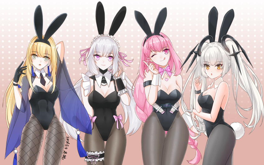 alternate_costume alternate_hairstyle animal_ears artist_request ayla:_kaleido_(punishing:_gray_raven) ayla_(punishing:_gray_raven) bare_arms bare_shoulders bianca:_veritas_(punishing:_gray_raven) bianca_(punishing:_gray_raven) black_gloves black_hairband black_leotard black_necktie blonde_hair bow bowtie bracelet braid breasts cleavage detached_collar detached_sleeves earrings fake_animal_ears fake_tail fishnet_pantyhose fishnets floating_hair_ornament gloves grey_hair grey_pantyhose hair_intakes hairband jewelry large_breasts leotard liv_(punishing:_gray_raven) long_hair looking_at_viewer luna:_laurel_(punishing:_gray_raven) luna_(punishing:_gray_raven) maid_headdress necktie one_eye_closed orange_eyes pantyhose parted_lips pink_bow pink_bowtie pink_eyes pink_hair playboy_bunny punishing:_gray_raven rabbit_ears rabbit_tail side_braid sidelocks tail tongue tongue_out twintails waist_bow wide_sleeves