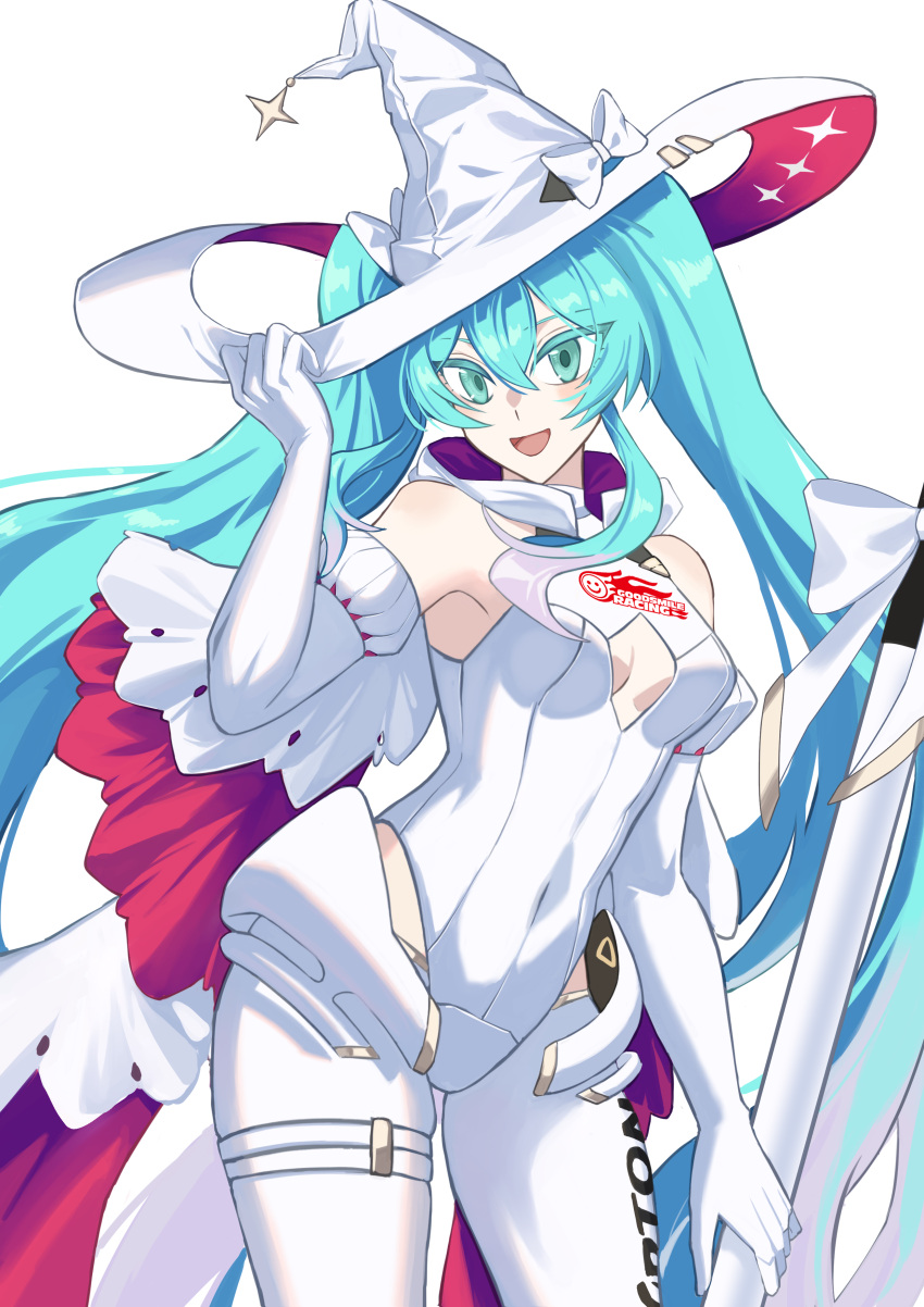 1girl absurdres blue_eyes bow breasts clothing_cutout crypton_future_media elbow_gloves gloves goodsmile_racing hat hat_bow hatsune_miku highres holding holding_clothes holding_hat holding_staff hood hood_down hooded_leotard leotard logo long_hair looking_at_viewer medium_breasts open_mouth qing_huan racing_miku racing_miku_(2024) smile solo staff thigh_strap thighhighs very_long_hair vocaloid white_background white_bow white_hat white_leotard white_thighhighs witch_hat