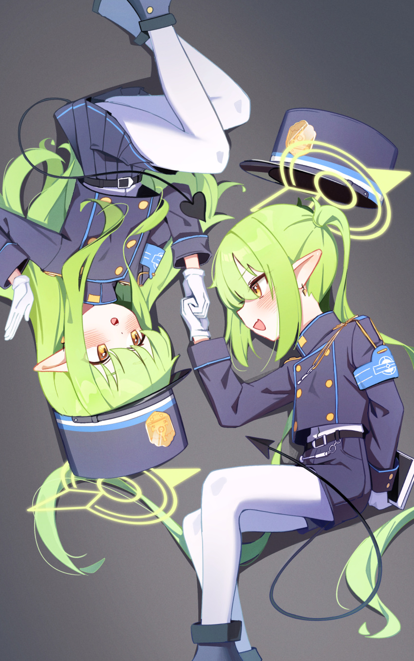 2girls absurdres belt black_belt black_hat black_jacket black_shorts black_skirt black_tail blue_archive blush demon_tail earrings fang gloves green_hair grey_background hat highlander_sidelocks_conductor_(blue_archive) highlander_twintails_conductor_(blue_archive) highres jacket jewelry long_hair long_sleeves multiple_girls open_mouth peaked_cap pleated_skirt pointy_ears shorts sidelocks simple_background skin_fang skirt smile tail twintails white_gloves whonyang yellow_eyes