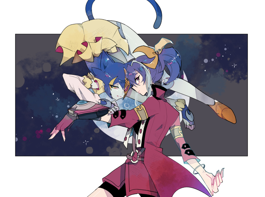 1girl animal_ears bike_shorts blue_hair blue_skin border bracelet cat_ears cat_girl cat_tail closed_mouth colored_skin detached_sleeves dress duel_academy_uniform_(yu-gi-oh!_arc-v) duel_disk duel_monster fingerless_gloves frilled_dress frills furry furry_female gloves hair_between_eyes hair_ribbon half_mask highres jacket jewelry light_blue_hair lunalight_blue_cat mask multicolored_hair ponytail purple_hair red_jacket ribbon serena_(yu-gi-oh!) single_glove streaked_hair tail tasutekete two-tone_hair white_background yellow_dress yellow_ribbon yu-gi-oh! yu-gi-oh!_arc-v