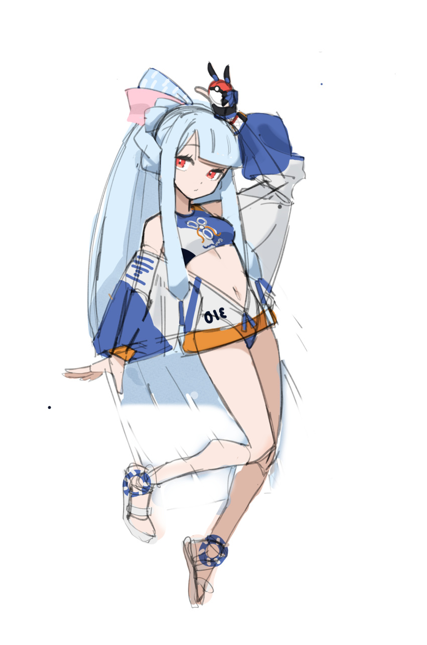 1girl absurdres adapted_costume alternate_hairstyle arm_up bare_shoulders bikini bikini_bottom_only blue_hair blunt_bangs blunt_ends crop_top expressionless hair_ribbon half_updo highres hiragi_sage holding holding_poke_ball jacket jacket_partially_removed kotonoha_aoi long_hair long_sleeves looking_at_viewer low-tied_sidelocks midriff no_socks partially_unzipped poke_ball pokemon pokemon_swsh ponytail red_eyes ribbon sandals sidelocks simple_background solo swimsuit tankini unfinished very_long_hair voiceroid white_background white_jacket wide_sleeves