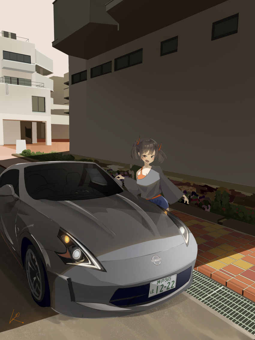 1girl absurdres black_hair blue_shorts blush breasts brown_eyes building camisole cleavage grass grey_shirt hair_behind_ear highres medium_breasts nissan nissan_370z nissan_fairlady_z off_shoulder open_mouth orange_camisole original shadow shirt shorts torepon twintails vehicle_focus