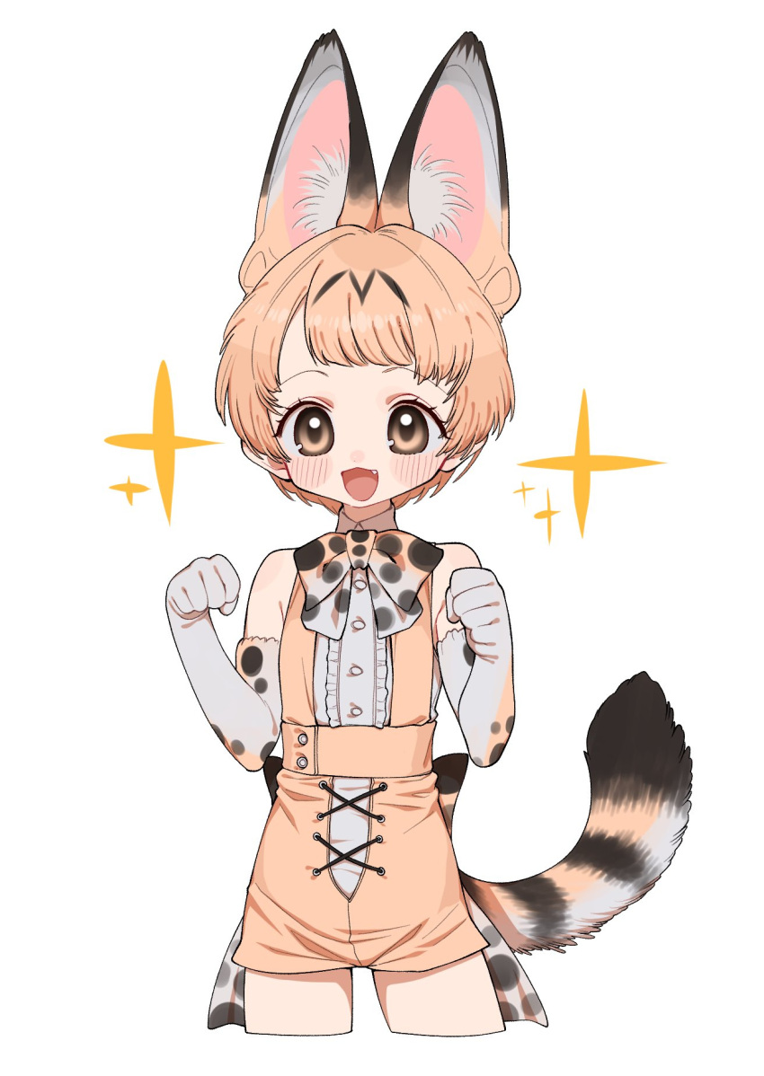 1girl :3 animal_ears bare_shoulders belt blonde_hair blush blush_stickers bow bowtie cat_ears cat_girl cat_tail cowboy_shot cropped_legs dot_nose elbow_gloves extra_ears fang flat_chest gloves happy highres kemono_friends legs_apart looking_at_viewer notora open_mouth serval_(kemono_friends) serval_print shirt short_hair shorts simple_background sleeveless sleeveless_shirt smile solo standing star_(symbol) tail tareme white_background yellow_eyes