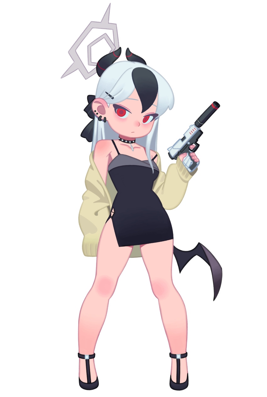 1girl absurdres bare_shoulders bat_wings black_bow black_choker black_dress black_hair black_horns black_wings blue_archive bow cardigan choker closed_mouth demon_horns dress ear_piercing finger_on_trigger full_body grey_halo gun hair_bow hair_tie halo hand_up handgun highres holding holding_gun holding_weapon horns jewelry kayoko_(blue_archive) kayoko_(dress)_(blue_archive) long_hair looking_at_viewer monster_l_(hochihochiha) multicolored_hair off_shoulder official_alternate_costume pendant piercing red_eyes side_slit simple_background single_wing solo spaghetti_strap standing strap_slip streaked_hair studded_choker suppressor tachi-e weapon white_background white_hair wings yellow_cardigan